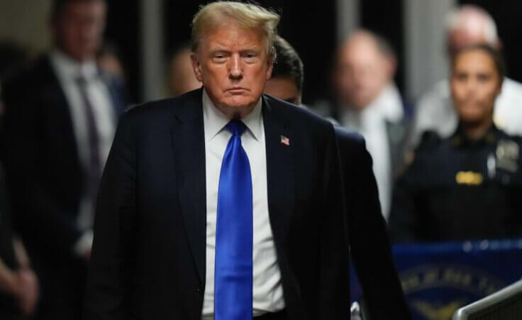 Former President Donald Trump walks to make comments to members of the media after being found guilty on 34 felony counts of falsifying business records in the first degree at Manhattan Criminal Court, Thursday, May 30, 2024, in New York. (AP Photo/Seth Wenig, Pool)